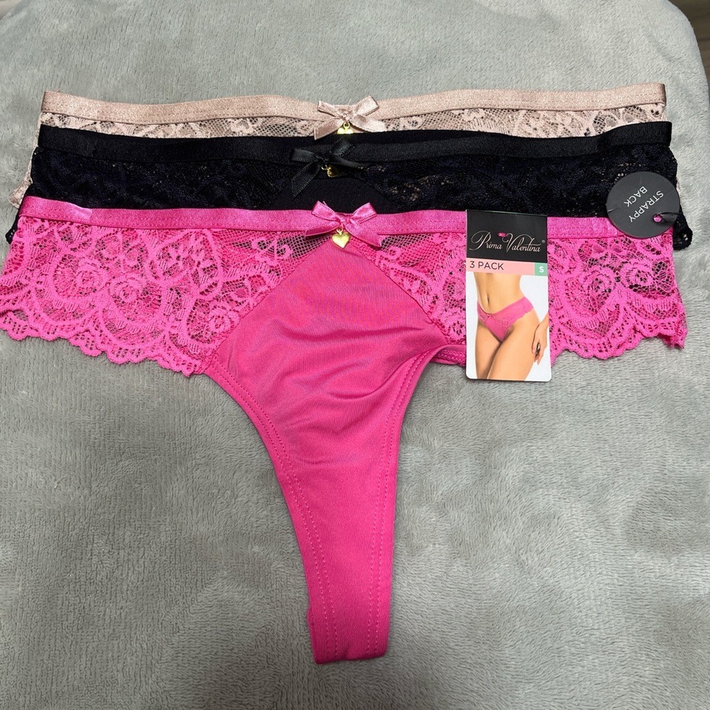 Pure Vision Lace Accent Panties Trio - Pink, Black, Nude